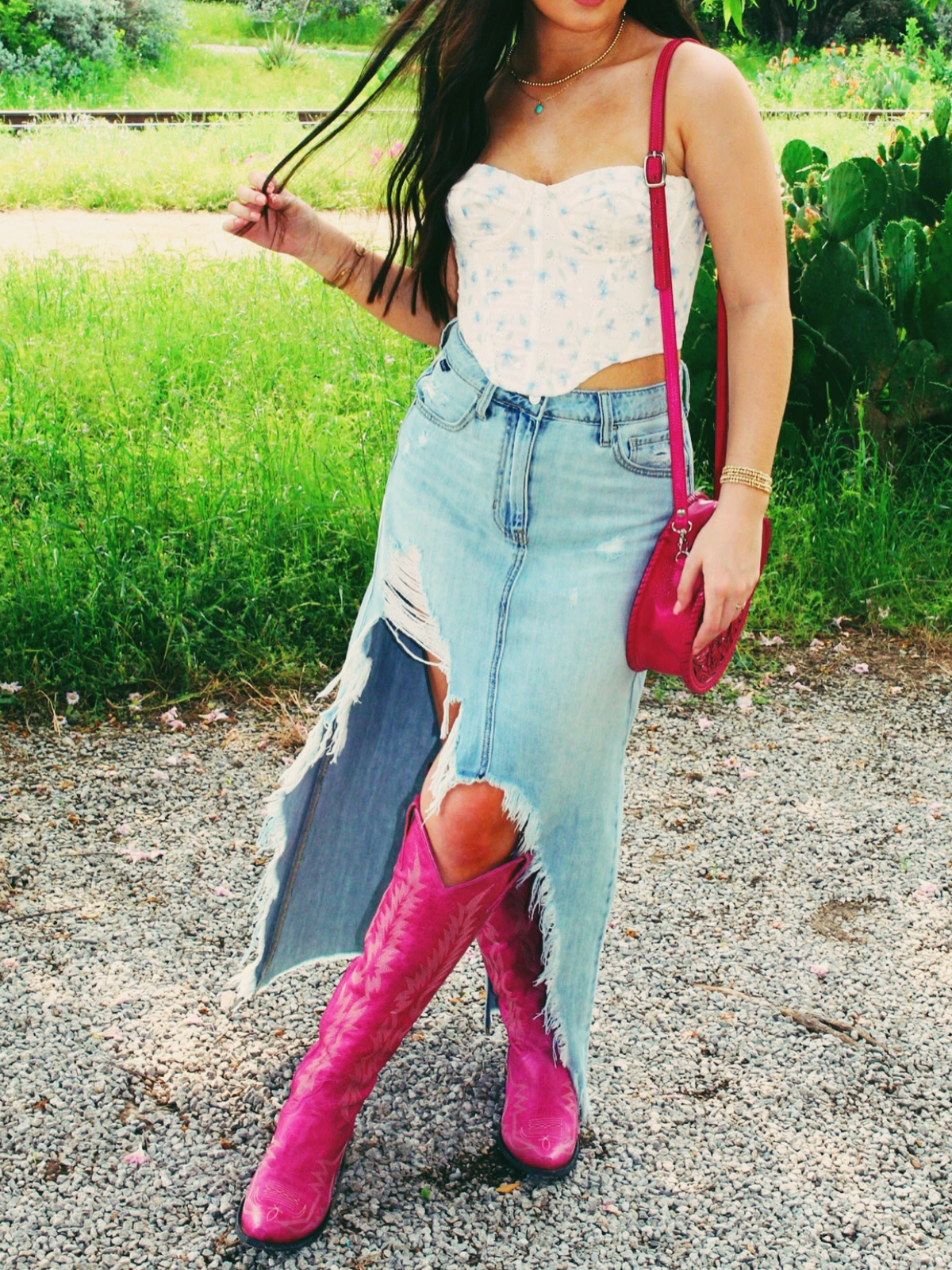 Hot Pink Crinkle Embroidery Snip-Toe Half-Zip Western Boots Knee High Tall Boots