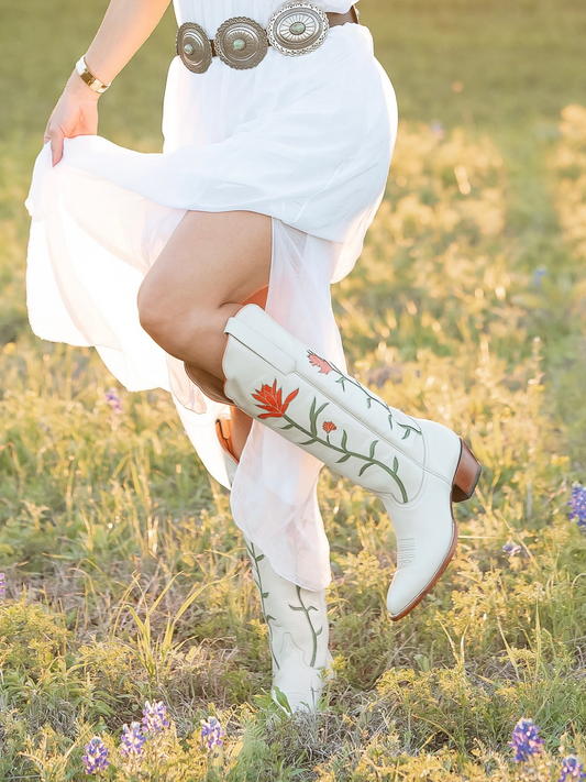 White Almond-Toe Knee High Tall Boots Wide Calf Cowgirl Boots With Floral Inlay