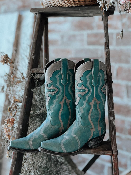 Turquoise Snip-Toe Applique Embroidery Wide Mid Calf Tall Cowgirl Boots