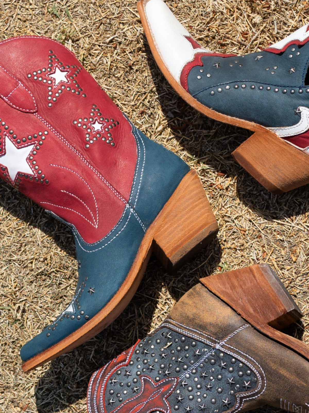 Contrast Red And Blue Almond-Toe Star Inlay And Applique Studded Wide Mid Calf Cowgirl Boots