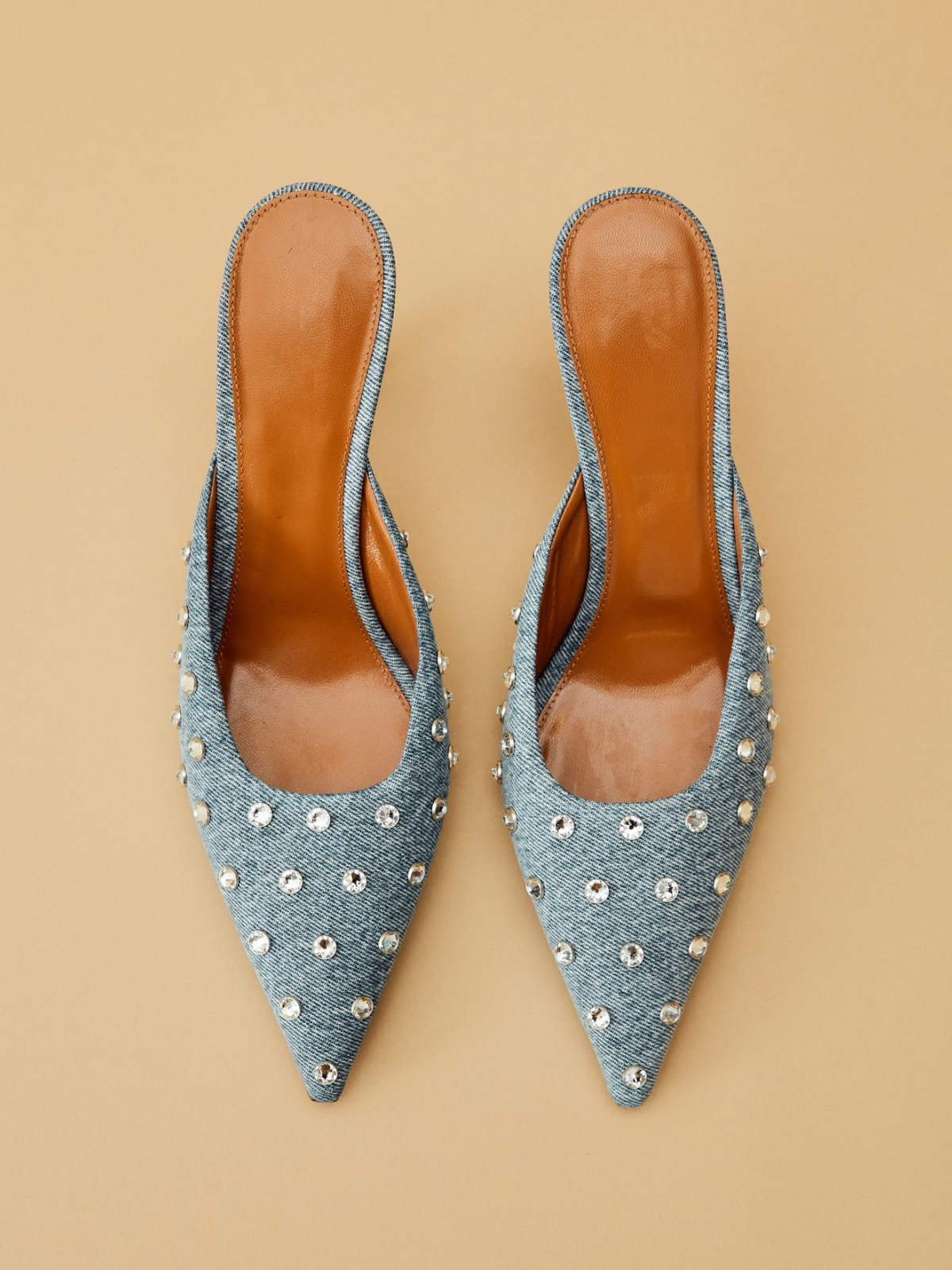 Blue Denim Pointed-Toe Rhinestone High Heels