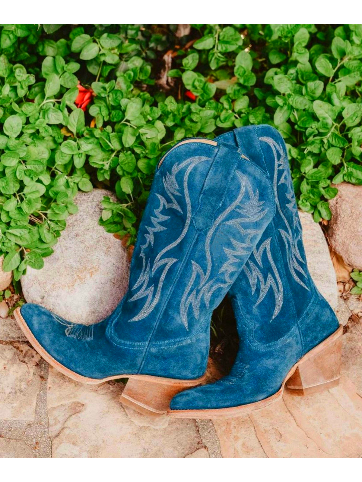 Faux Suede Wings Embroidery Pointed-Toe Wide Mid Calf Tall Cowgirl Boots - Teal Blue