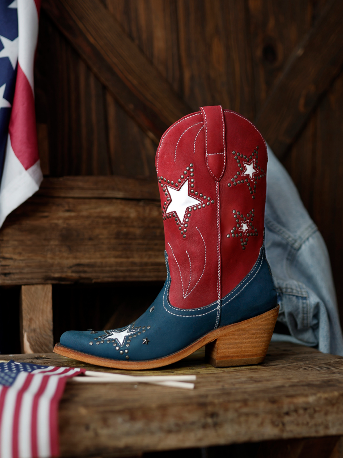 Contrast Red And Blue Almond-Toe Star Inlay And Applique Studded Wide Mid Calf Cowgirl Boots