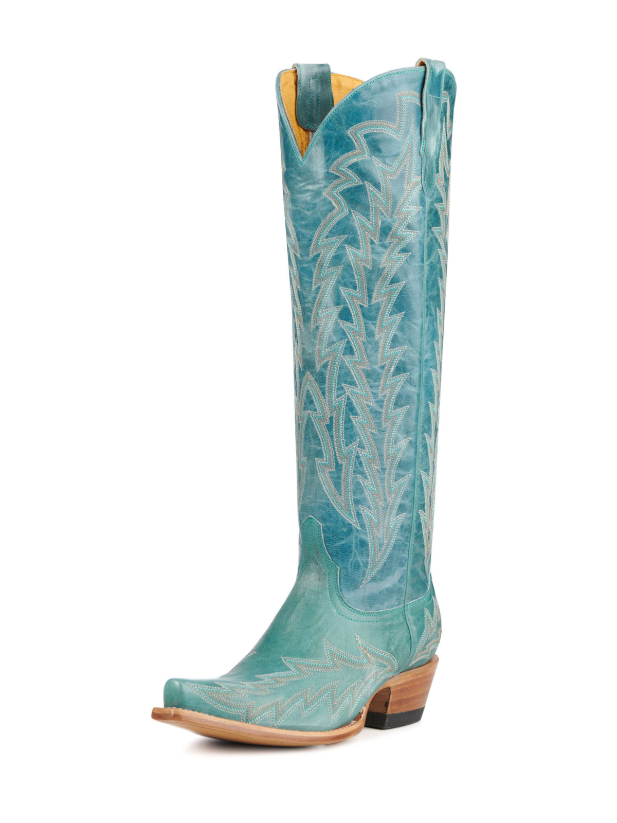 Distressed Turquoise Leaf Embroidery Wide Calf Knee High Tall Boots