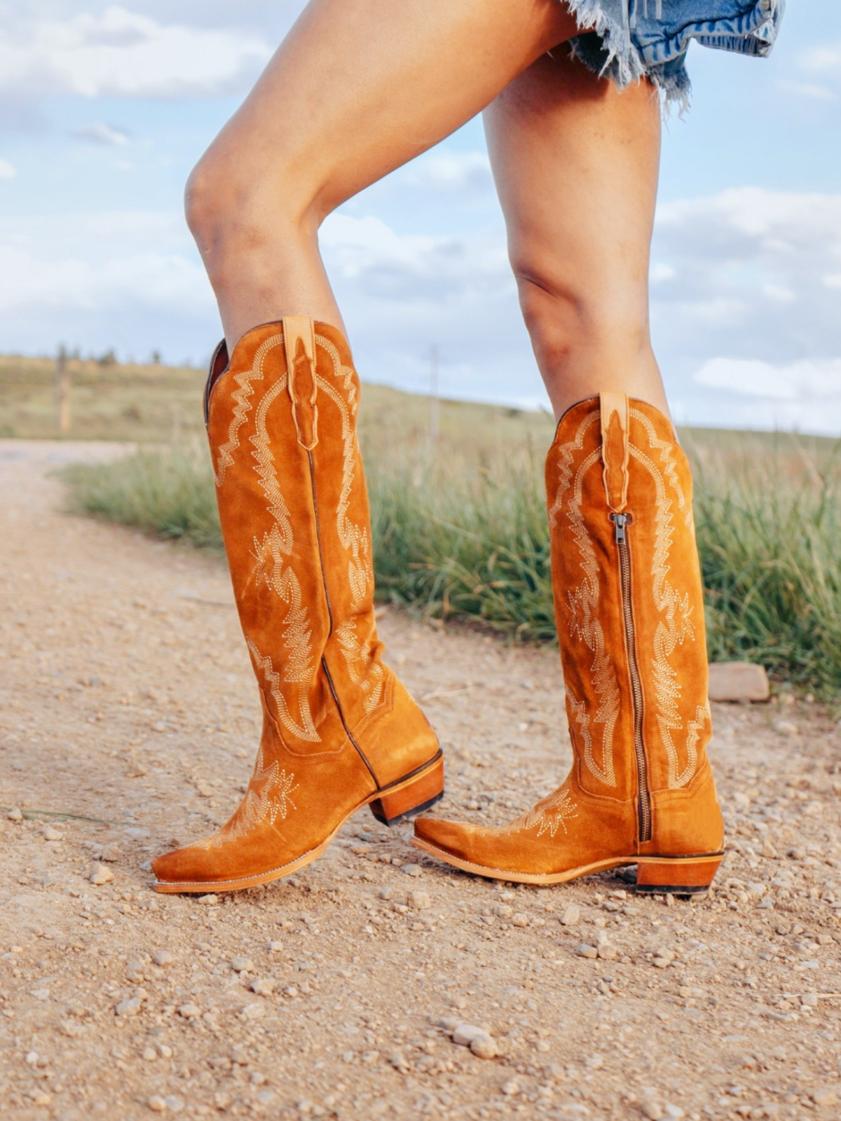 Brown Embroidery Faux Suede Snip-Toe Zip Cowgirl Boots Knee High Tall Boots