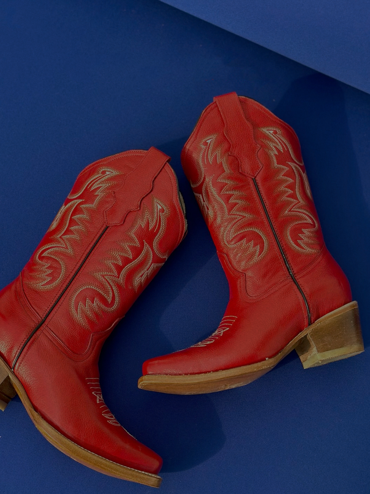 Red Embroidery Snip-Toe Tall Wide Mid Calf Western Boots For Women