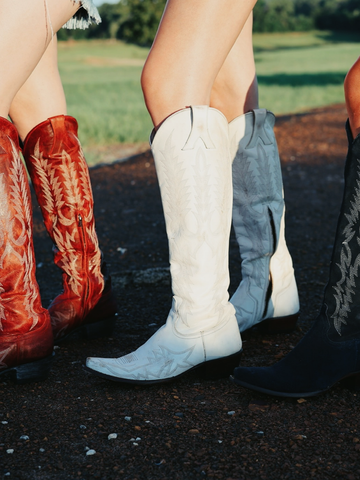 Distressed White Embroidery Snip-Toe Half-Zip Western Boots Knee High Tall Boots