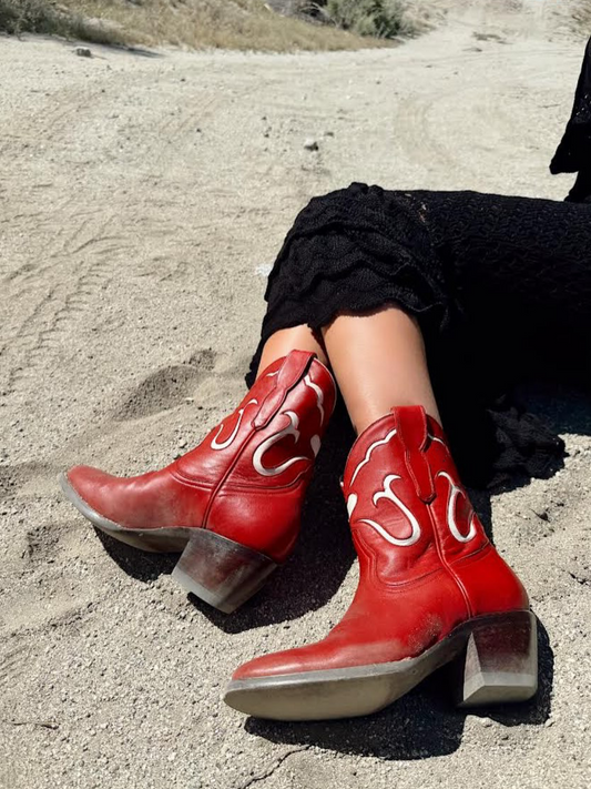 White Heart Inlay Almond-Toe Wide Mid Calf Cowgirl Boots - Red