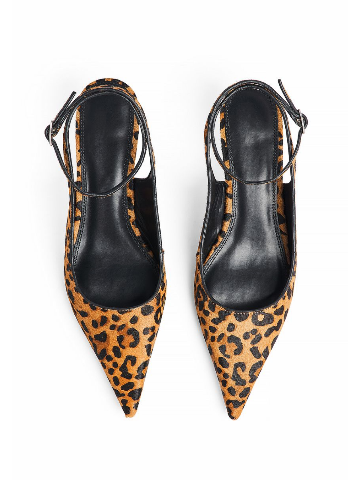 Faux Leopard Print Calf Hair Pointed-Toe Slingback Pump Kitten Heels With Ankle-Strap