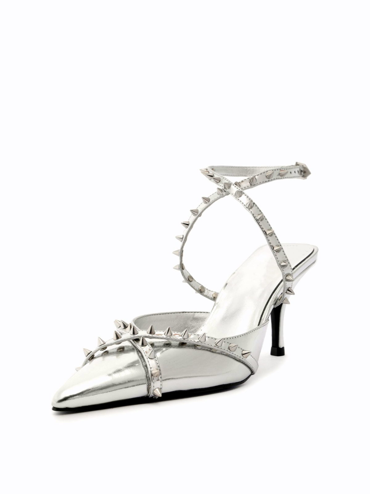 Metallic Silver Spike Pointy High Heels Pumps With Ankle Wrap Strap