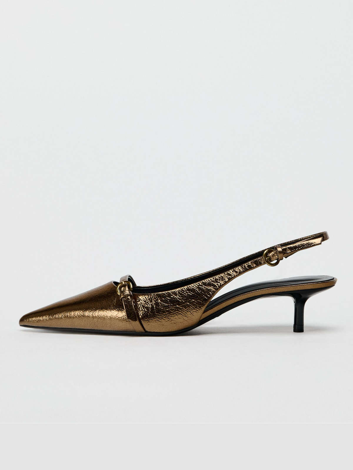 Metallic Gold Pointed-Toe Front Strap With Buckle Slingback Kitten Heels