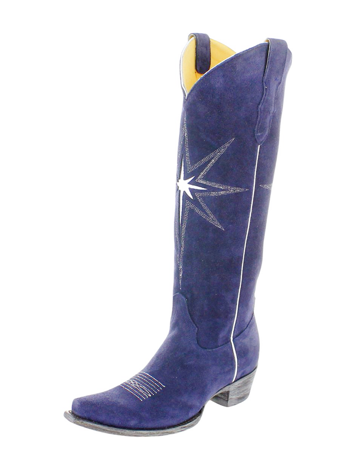 Indigo Faux Suede Snip-Toe Starburst Inlay Embroidery Half-Zip Tall Knee High Cowgirl Boots