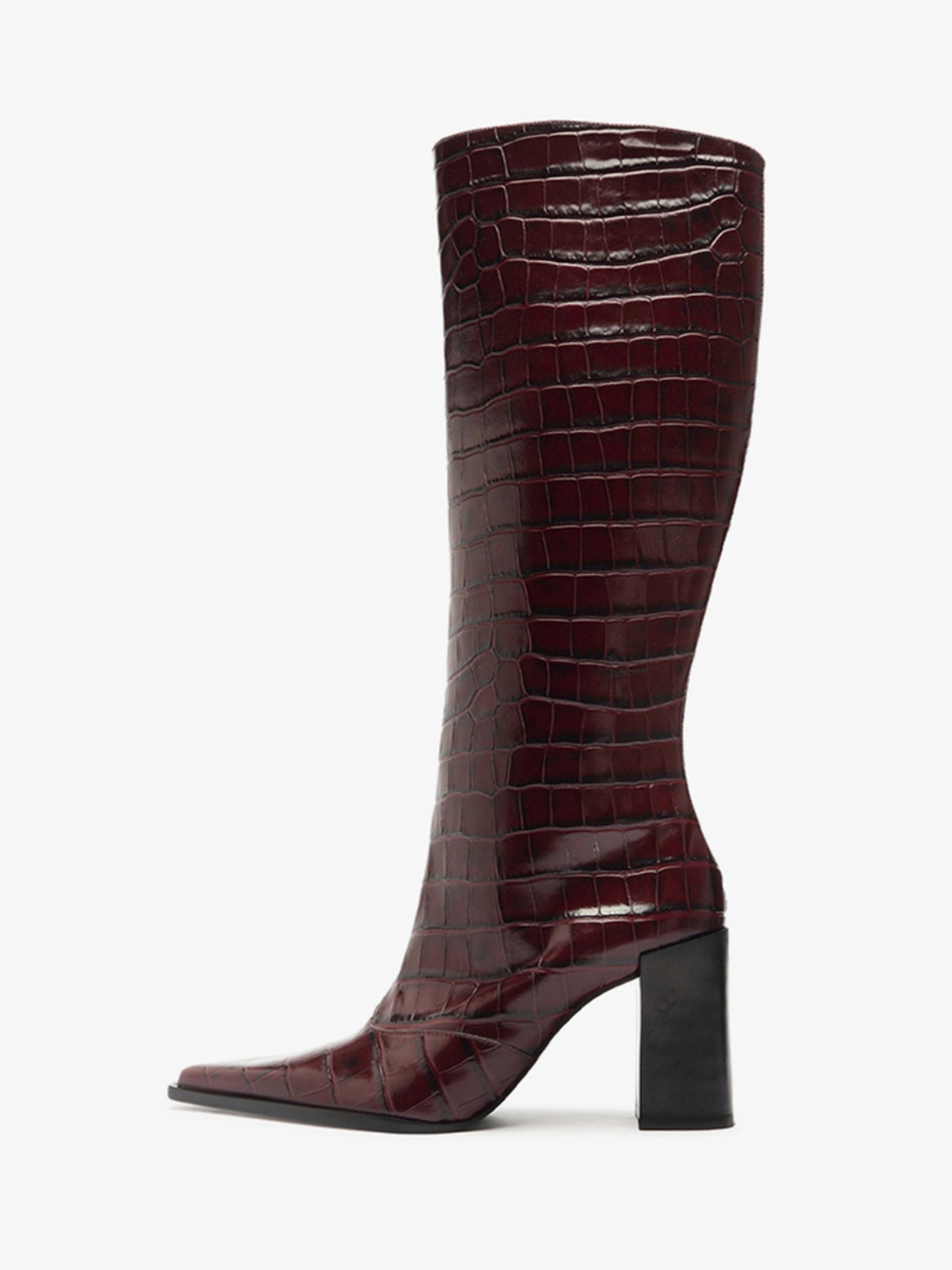 Wine Red Crocodile-Embossed Full-Zip Mid Calf Boots