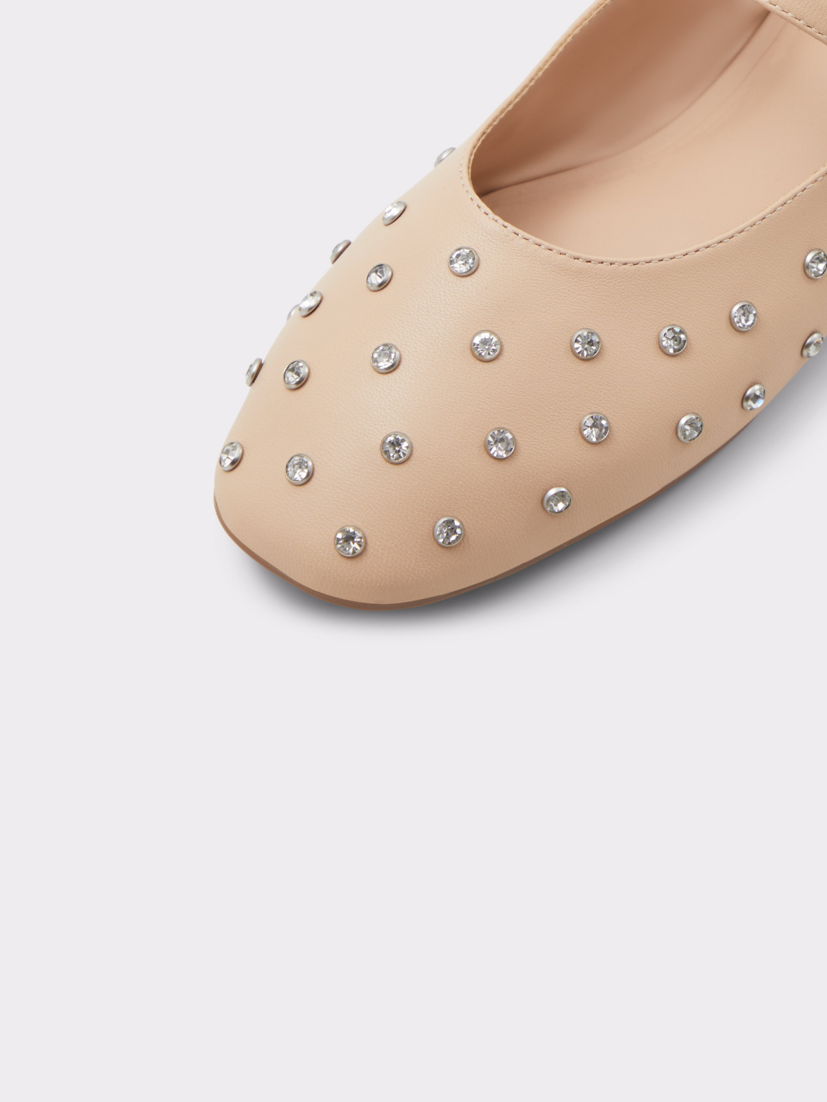 Beige Rhinestone Square-Toe Ballet Flats Buckle Detailed Mary Janes