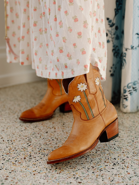 Orange Almond-Toe Cowgirl Ankle Booties With White Floral Inlay