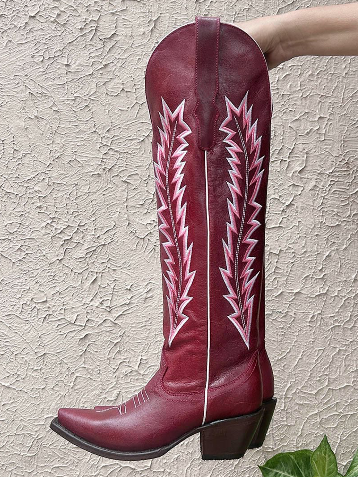 Arrows Embroidery Snip-Toe Wide Calf Over-The-Knee Cowgirl Boots - Brick Red