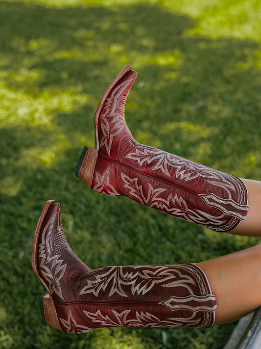 Garnet Red Snip-Toe Embroidery Wide Mid Calf Cowgirl Tall Boots