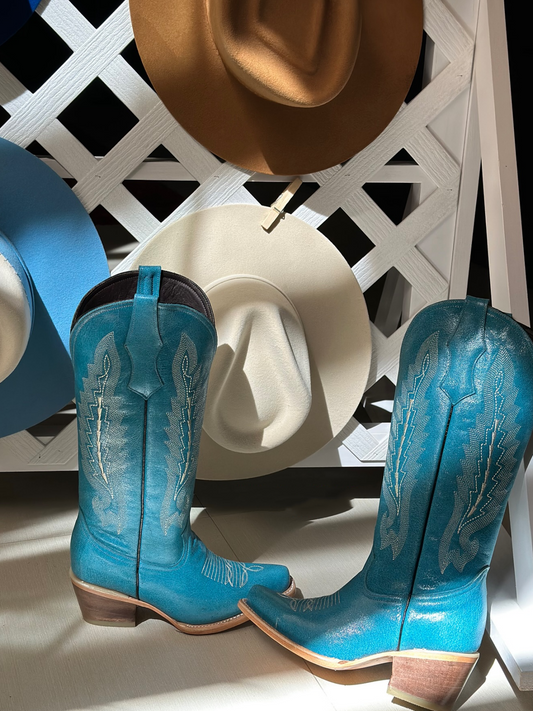 Turquoise Snip-Toe Leaf Embroidery Wide Mid Calf Tall Cowgirl Boots