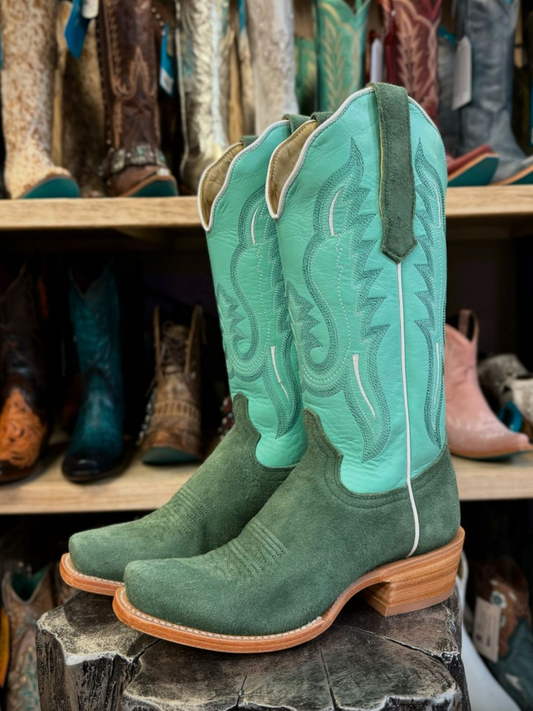 Contrast Teal Green And Brown Faux Suede Square-Toe Embroidery Wide Mid Calf Tall Cowgirl Boots