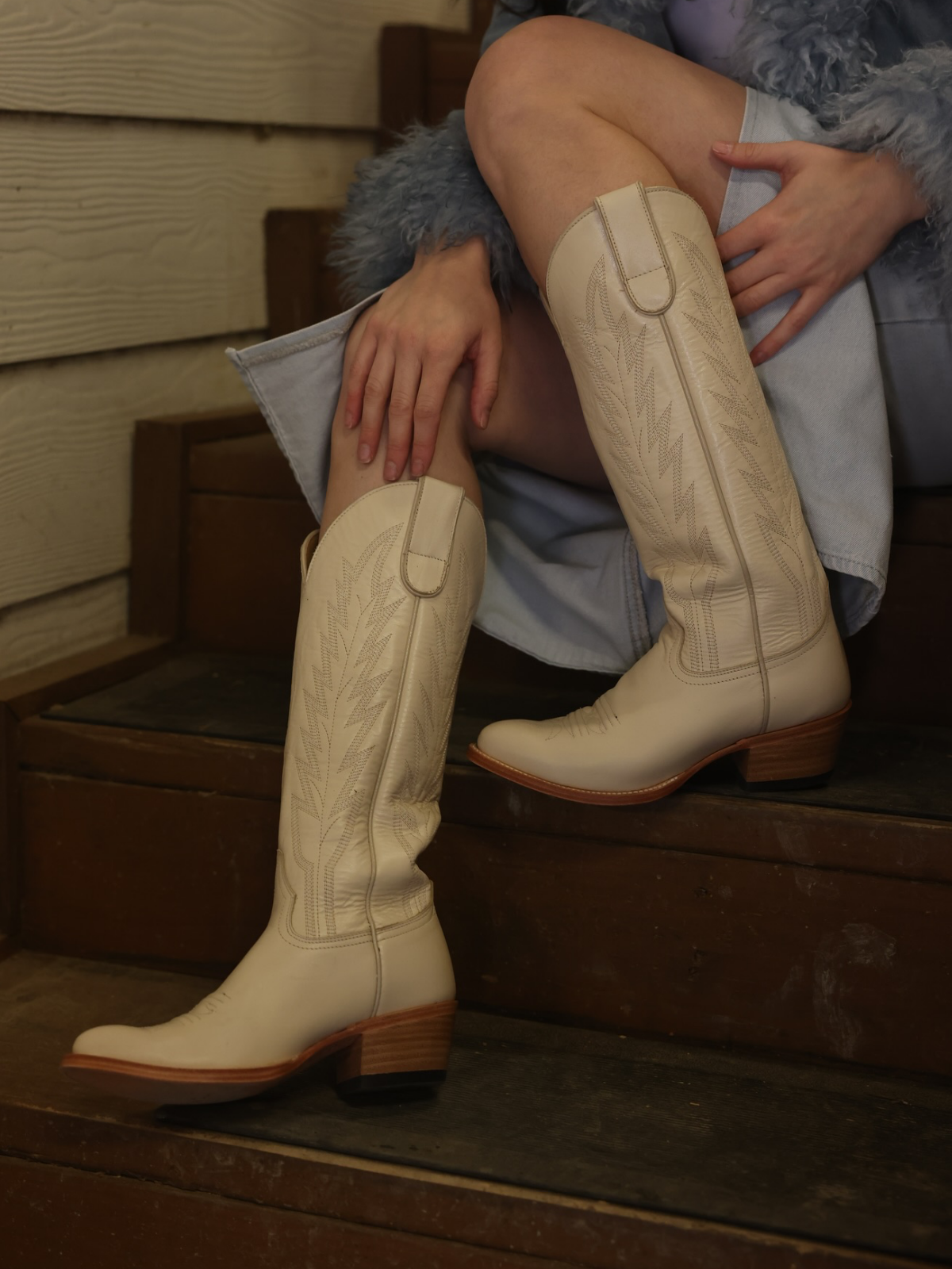 Ivory Embroidery Almond-Toe Wide Mid Calf Cowboy Tall Boots For Women