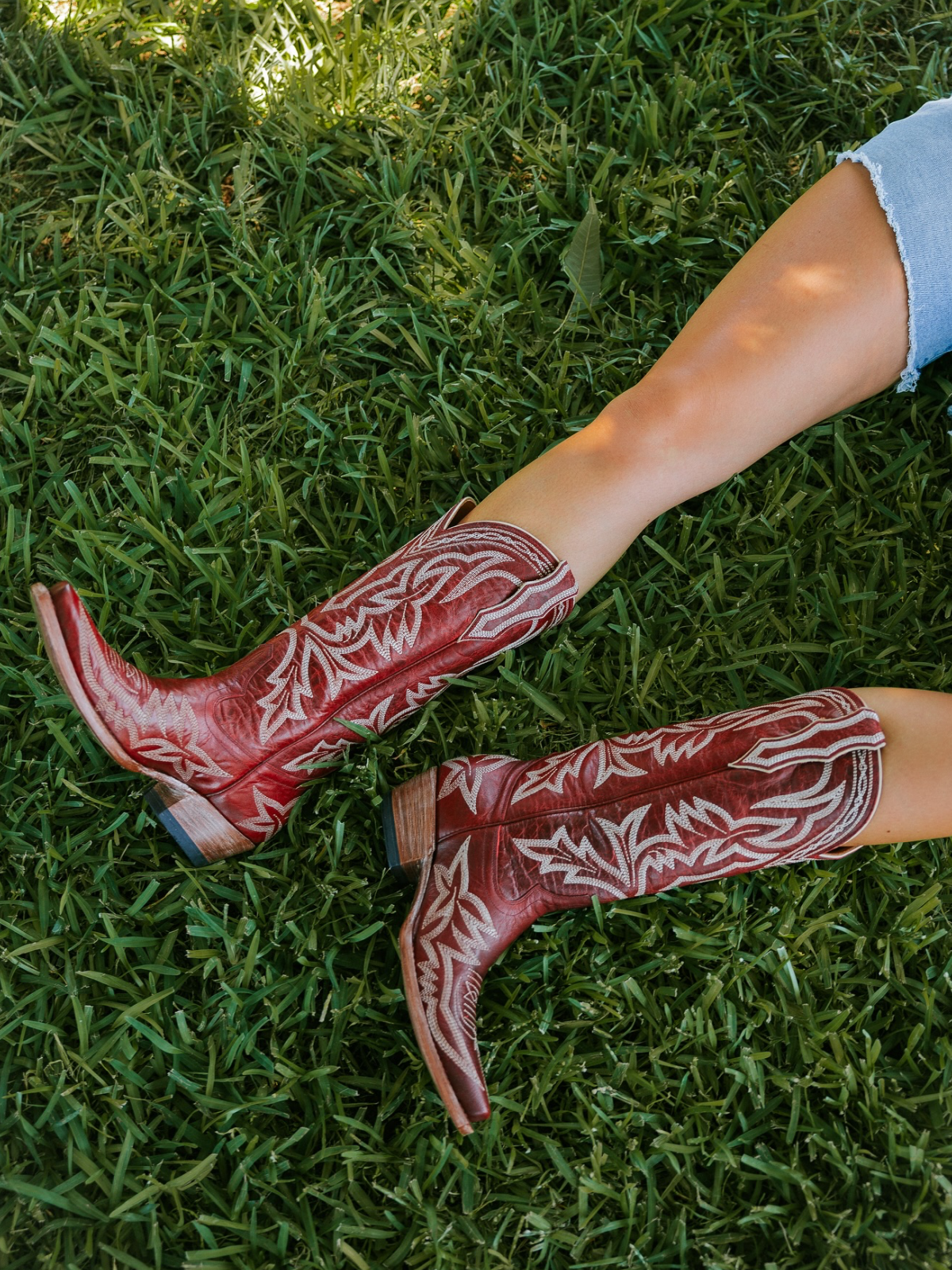 Garnet Red Snip-Toe Embroidery Wide Mid Calf Cowgirl Tall Boots