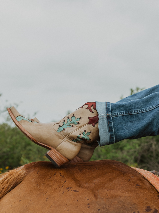 Tan Snip-Toe Wide Mid Calf Cowgirl Boots With Cactus Inlay And Applique