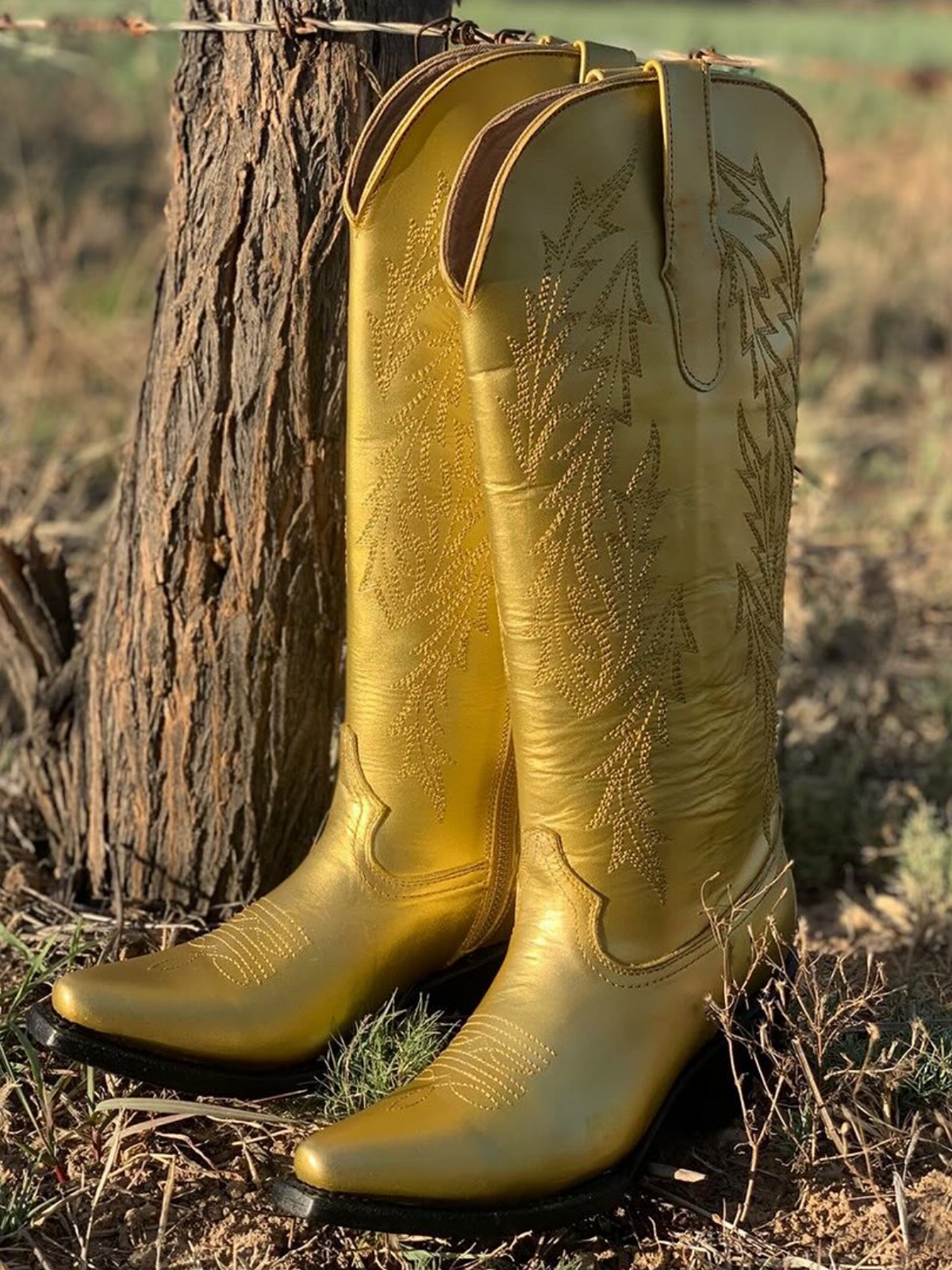 Metallic Snip-Toe Leaf Embroidery Half-Zip Mid Calf Tall Cowgirl Boots - Gold