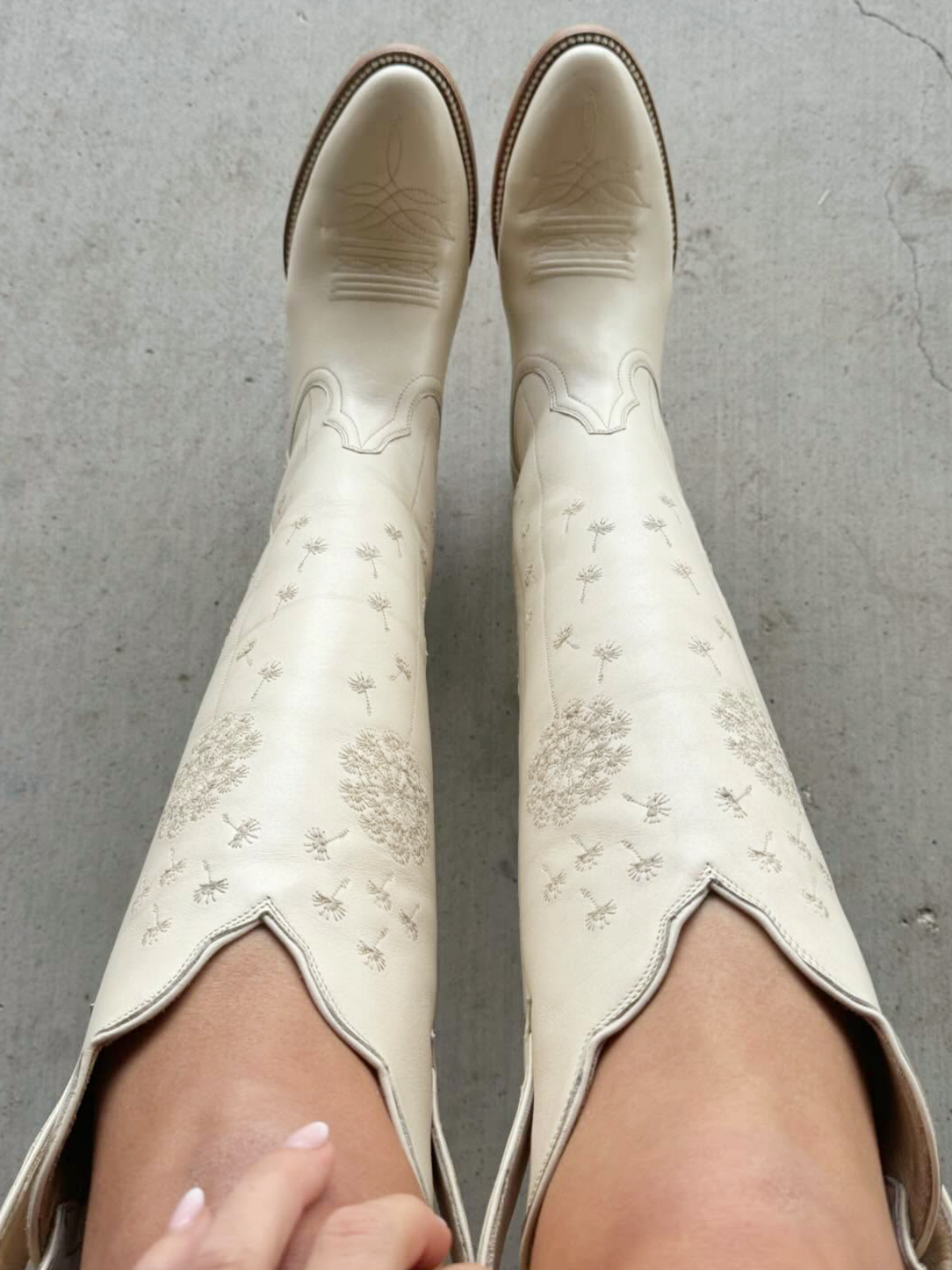 Bone Almond-Toe Dandelion Embroidery Wide Calf Knee High Cowgirl Boots