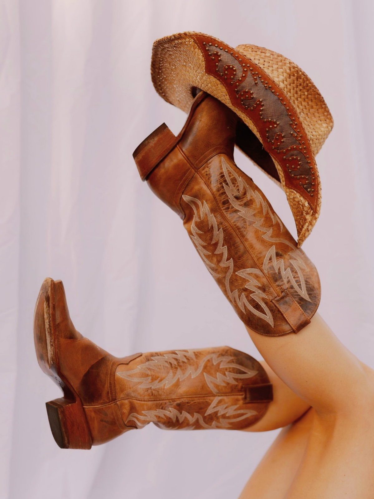 Distressed Classic Embroidery Snip-Toe Wide Mid Calf Tall Cowgirl Boots - Tan