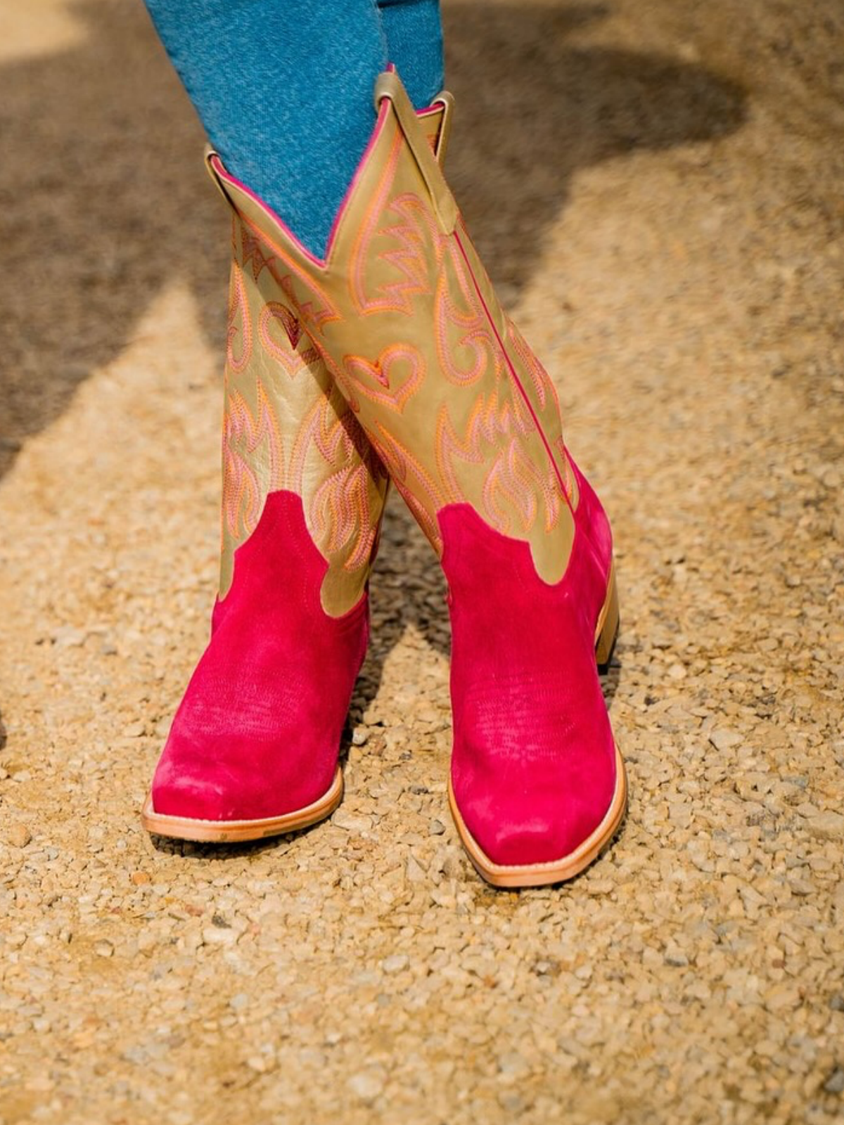 Contrast Pink Faux Suede And Metallic Gold Embroidery Snip-Toe Wide Mid Calf Cowgirl Tall Boots