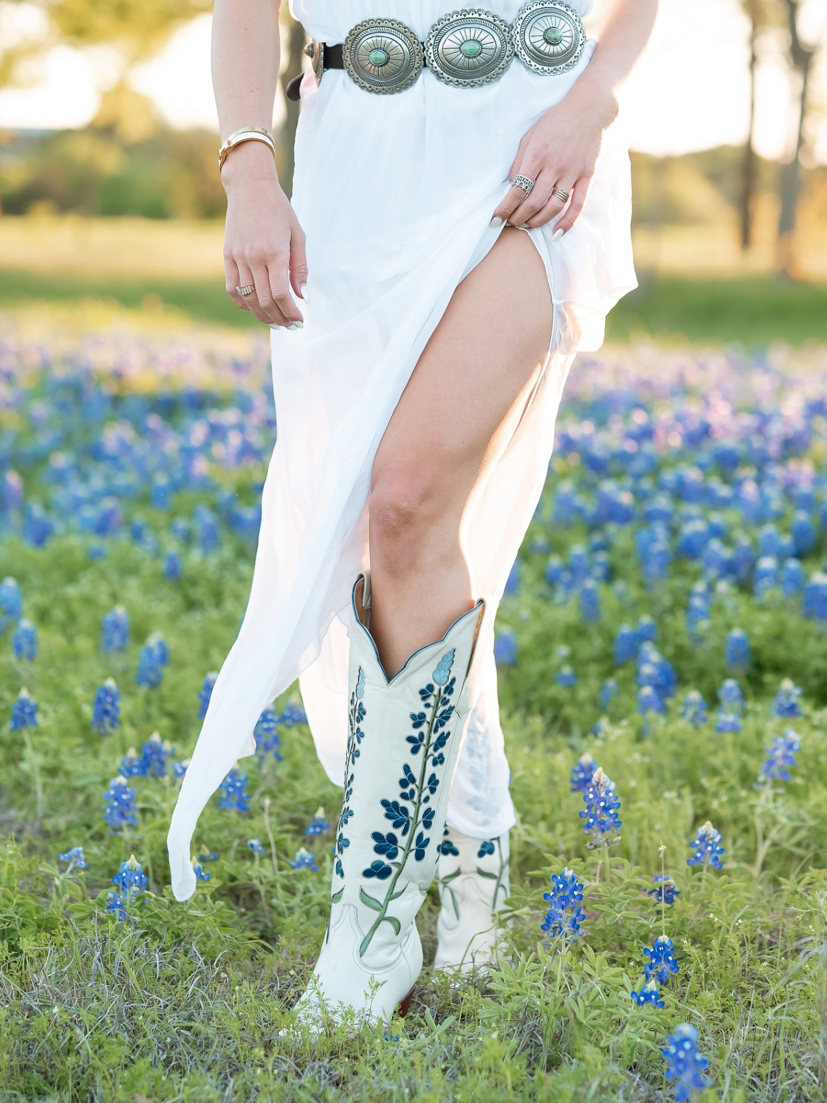 Ivory Almond-Toe Bluebonnet Inlay Wide Calf Tall Knee High Cowgirl Boots