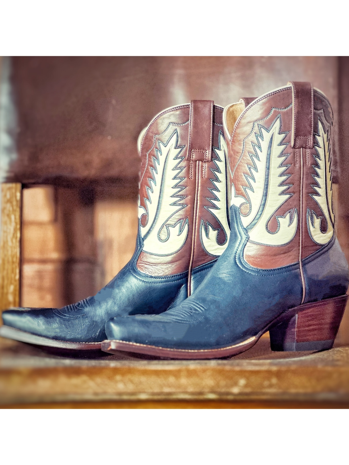 Contrast Blue And Brown Snip-Toe White Feather Inlay Wide Mid Calf Cowgirl Boots