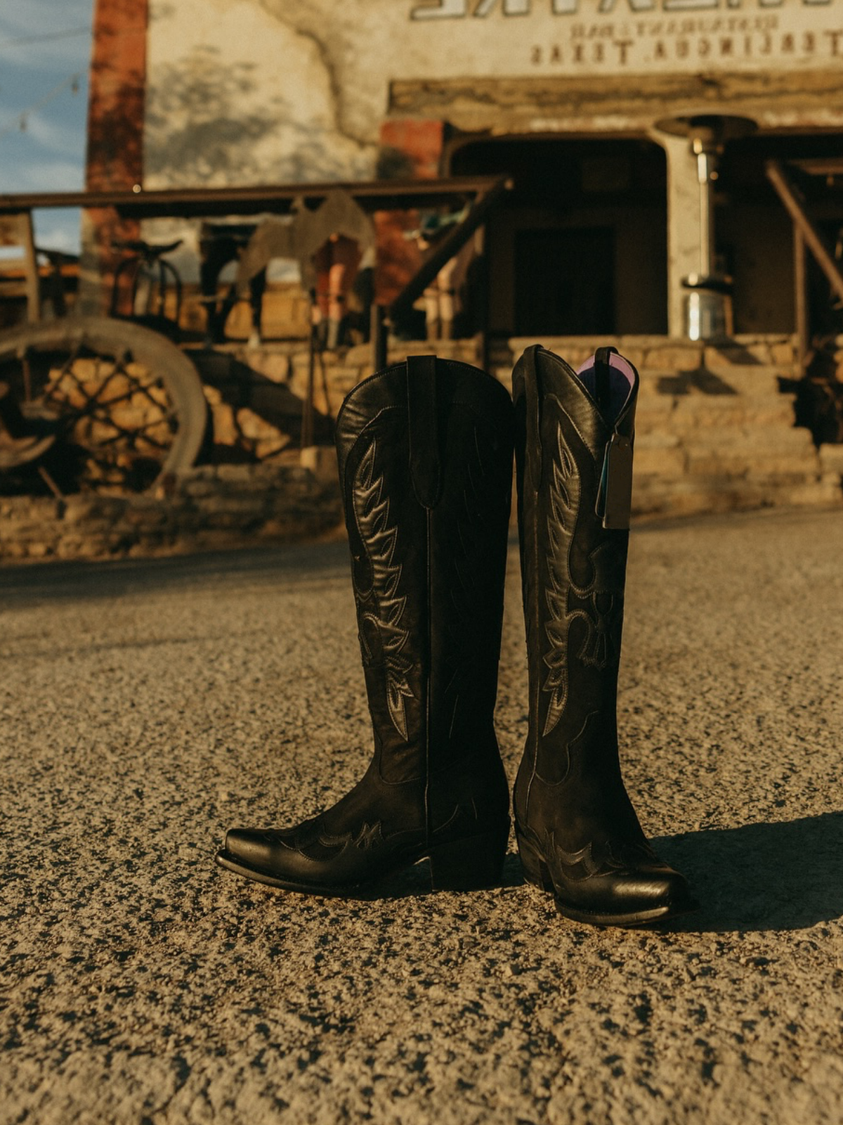 Black Faux Suede Snip-Toe Eagle Applique Half-Zip Knee High Tall Cowgirl Boots