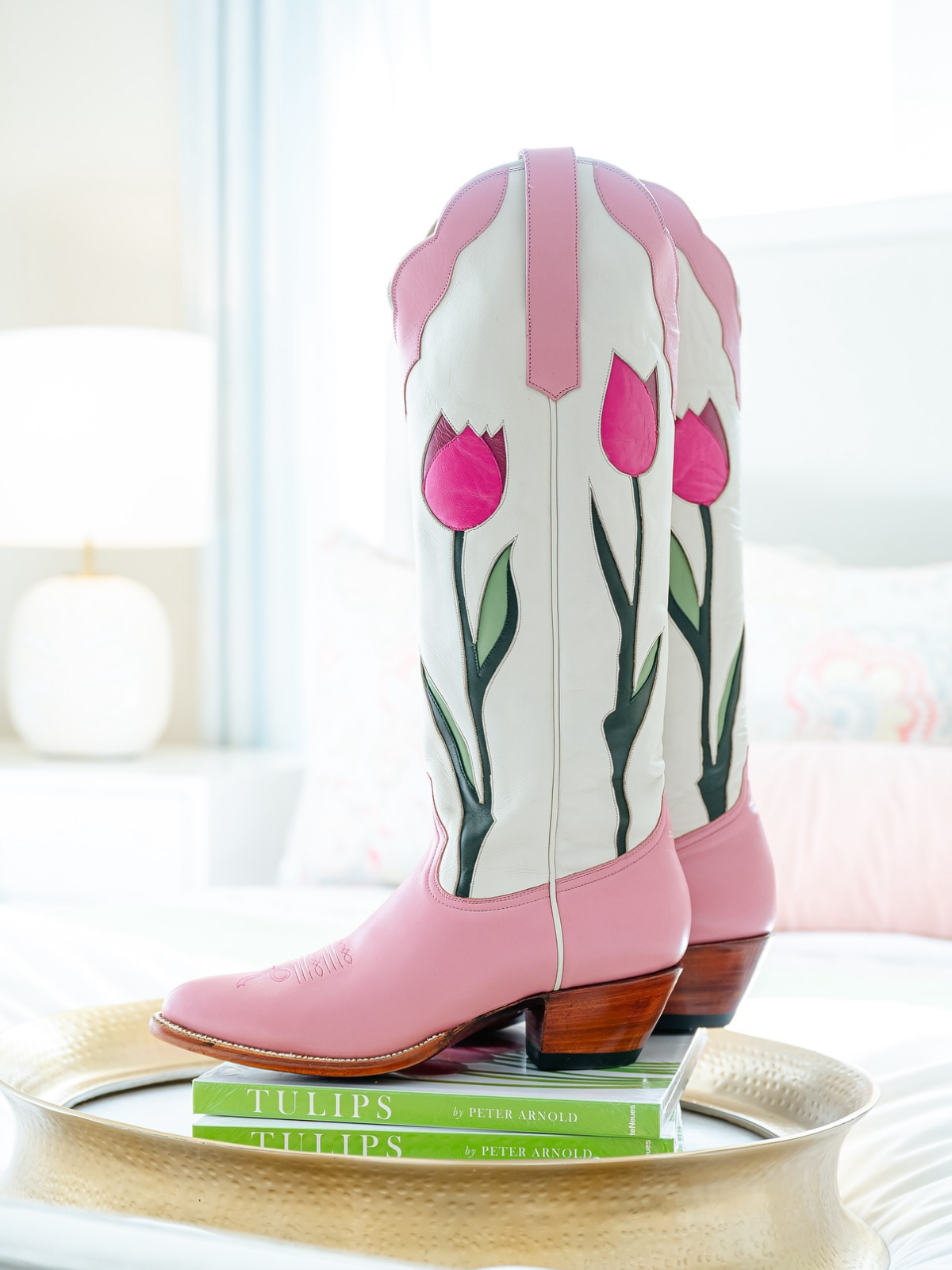 Contrast Pink And Ivory Almond-Toe Tulip Inlay Wide Calf Knee High Cowgirl Boots