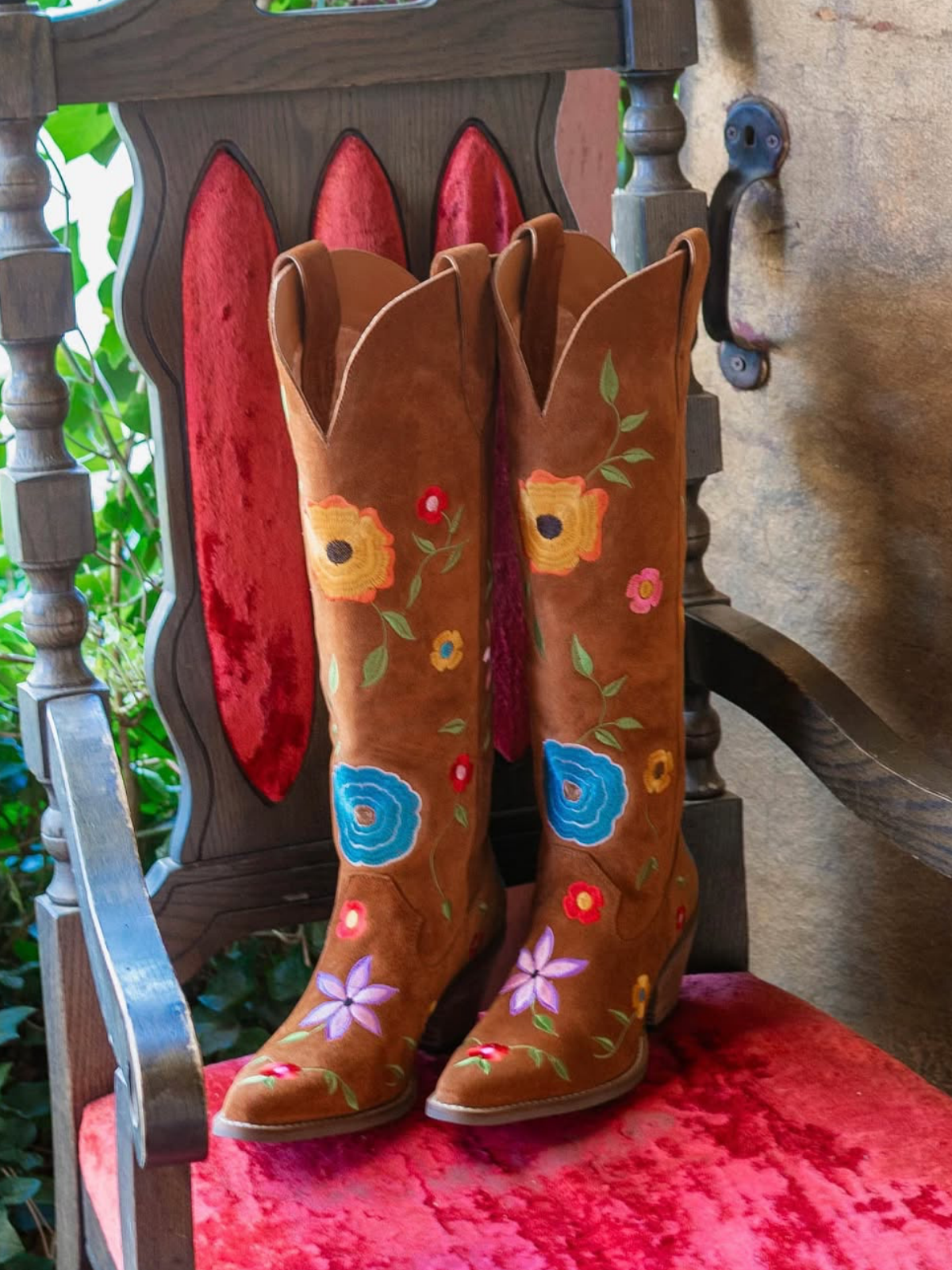 Colorful Floral Embroidery Faux Suede Snip-Toe Wide Mid Calf Cowgirl Boots - Brown