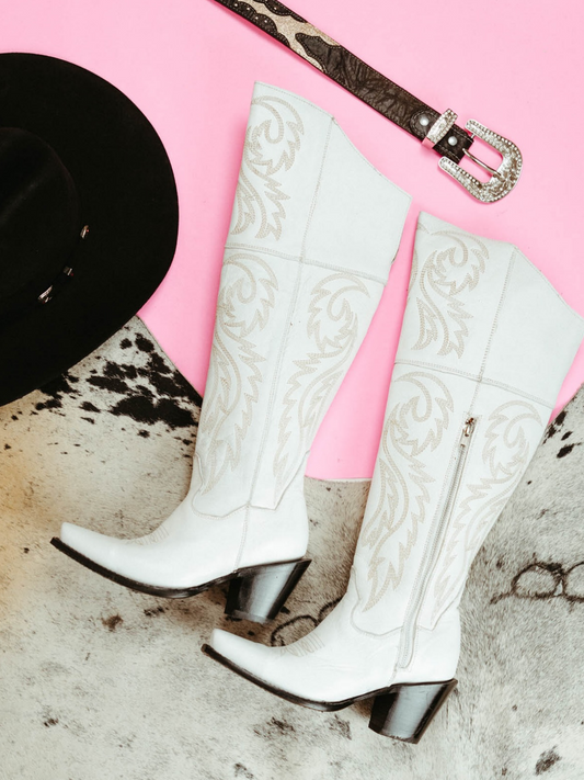 Snip-Toe Embroidery Tall Half-Zip Knee High Cowgirl Boots - White