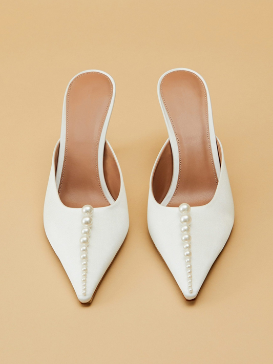 White Colth Pointed-Toe Pearl High Heels