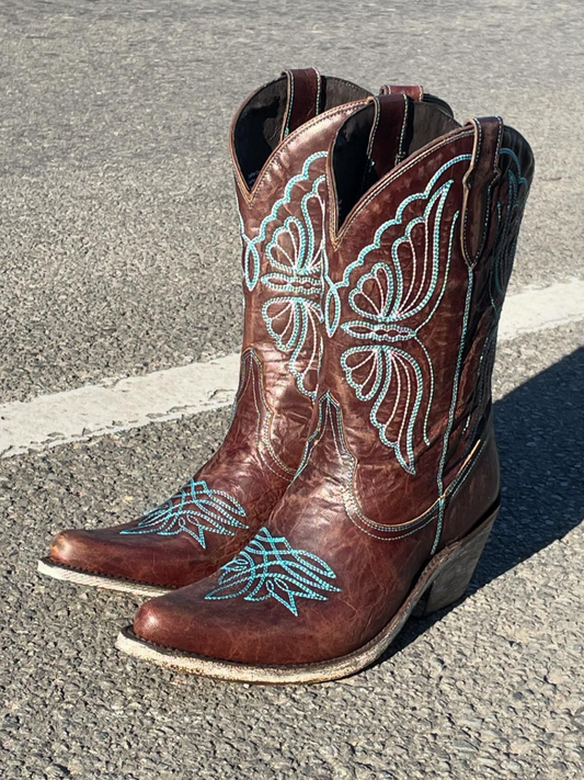 Butterfly Embroidery Almond-Toe Wide Mid Calf Cowgirl Boots - Dark Brown