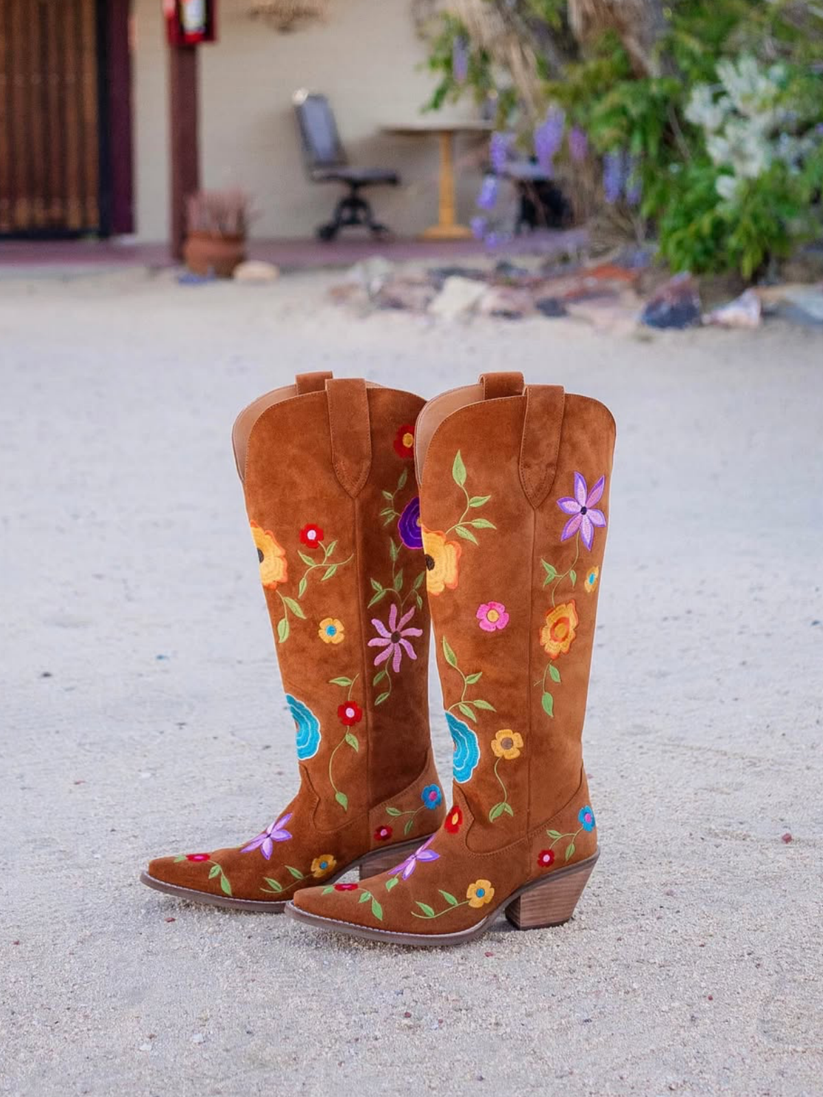 Colorful Floral Embroidery Faux Suede Snip-Toe Wide Mid Calf Cowgirl Boots - Brown