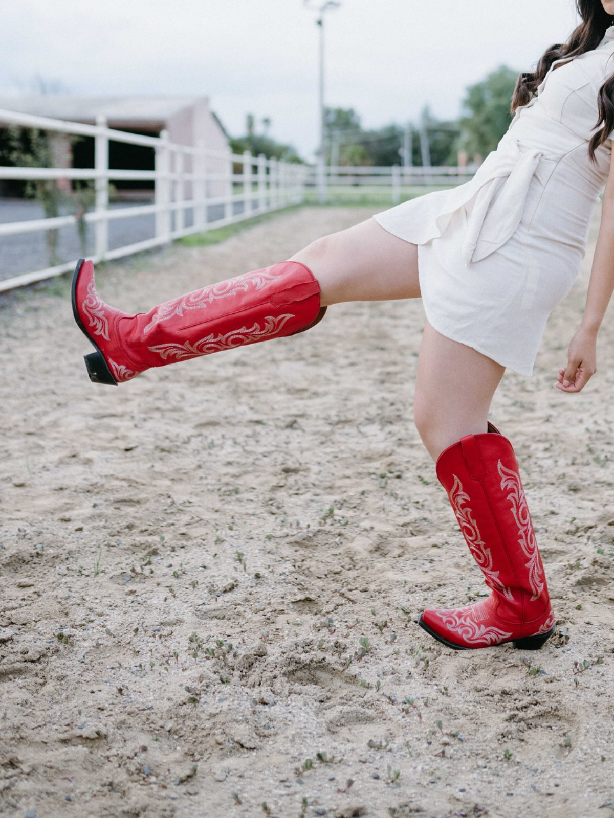 Red Embroidery Snip-Toe Wide Calf Western Boots Knee High Tall Boots