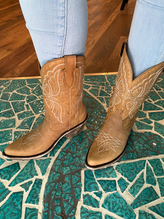 Butterfly Embroidery Almond-Toe Wide Mid Calf Cowgirl Boots - Tan