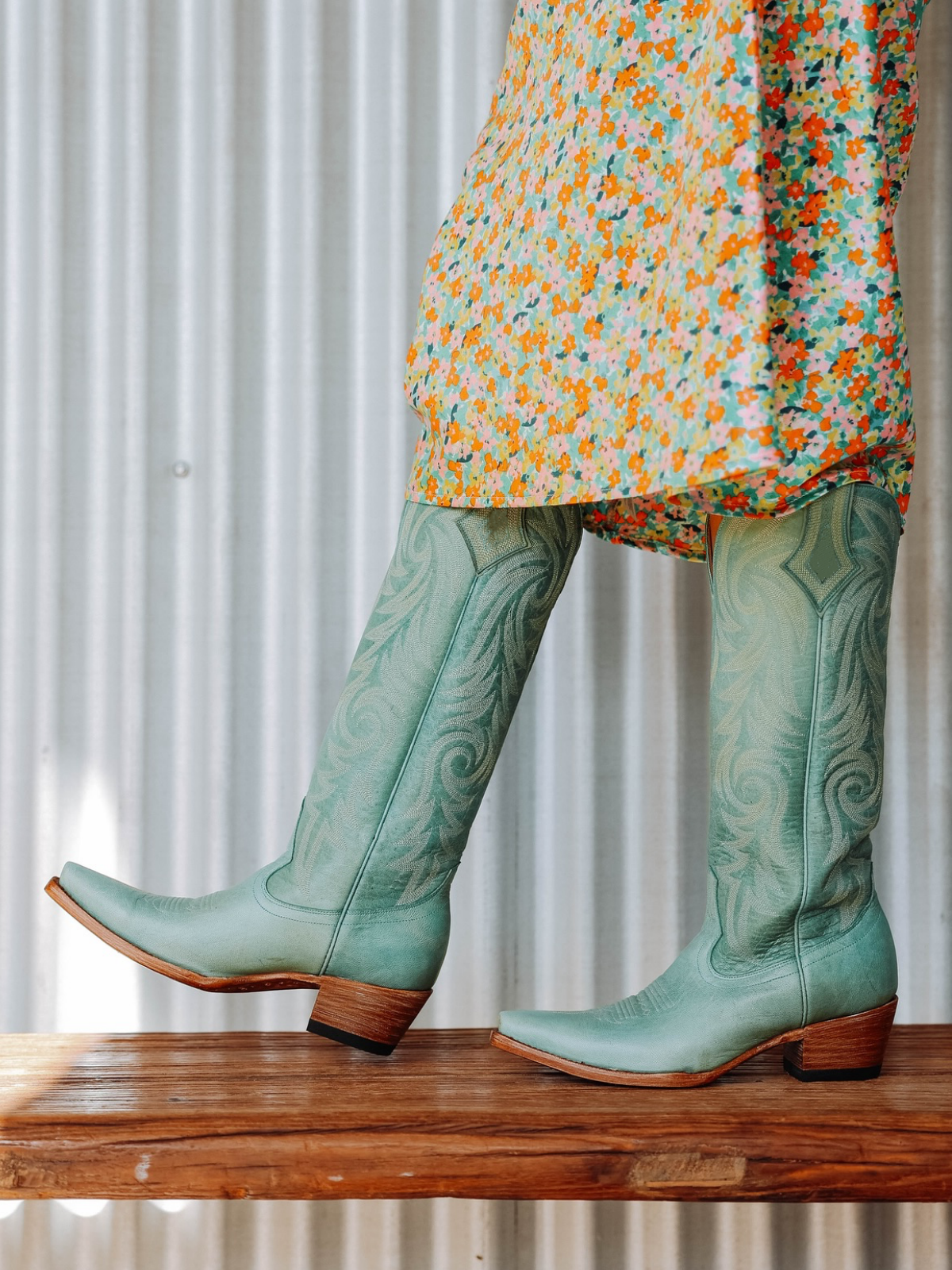 Aqua Snip-Toe Embroidery Wide Mid Calf Cowboy Tall Boots For Women