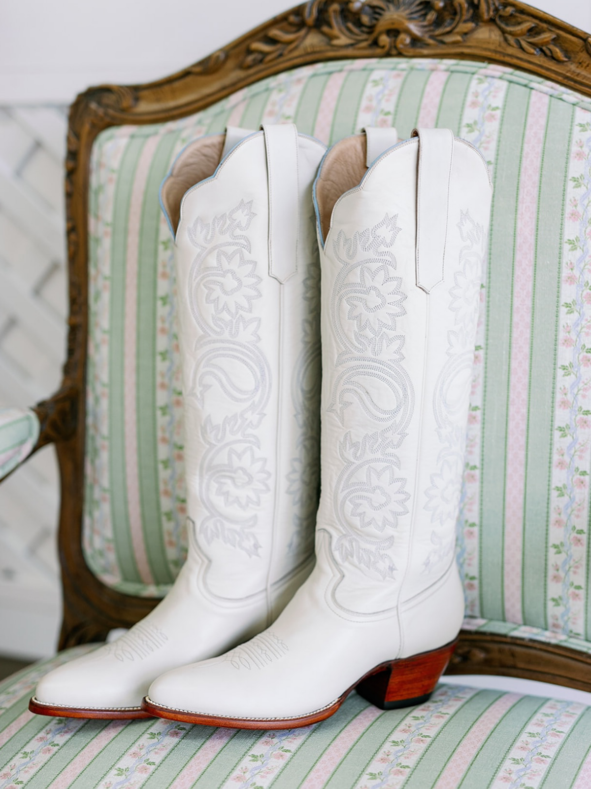 White Floral Embroidery Almond-Toe Wide Calf Cowgirl Boots Knee High Tall Boots