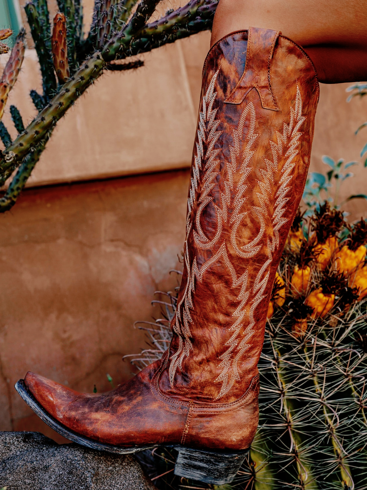 Embroidery Half-Zip Snip-Toe Tall Knee High Cowgirl Boots - Distressed Brown