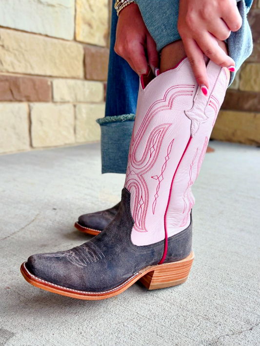 Contrast Ivory And Lilac Faux Suede Square-Toe Embroidery Wide Mid Calf Tall Cowgirl Boots