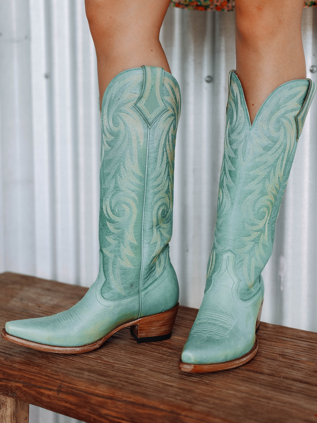 Aqua Snip-Toe Embroidery Wide Mid Calf Cowboy Tall Boots For Women