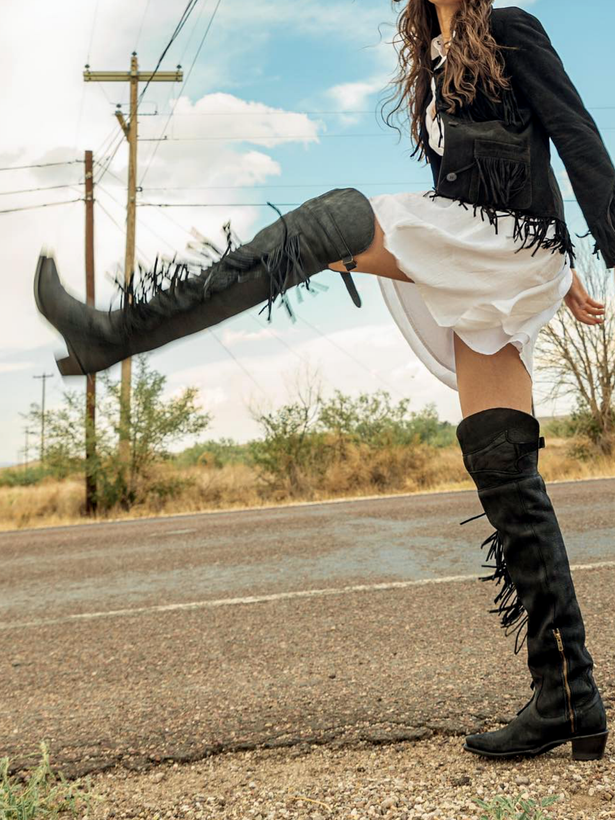 Black Snip-Toe Side Fringe Half-Zip Over-The-Knee Cowgirl Boots