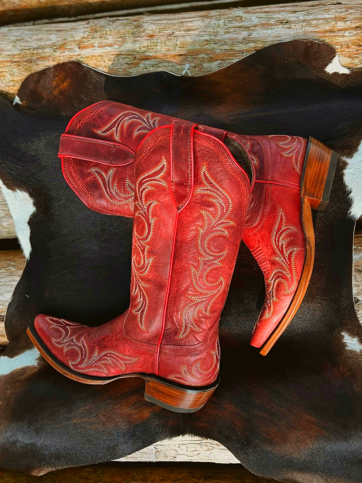 Red Embroidery Snip-Toe Wide Mid Calf Tall Western Boots For Women