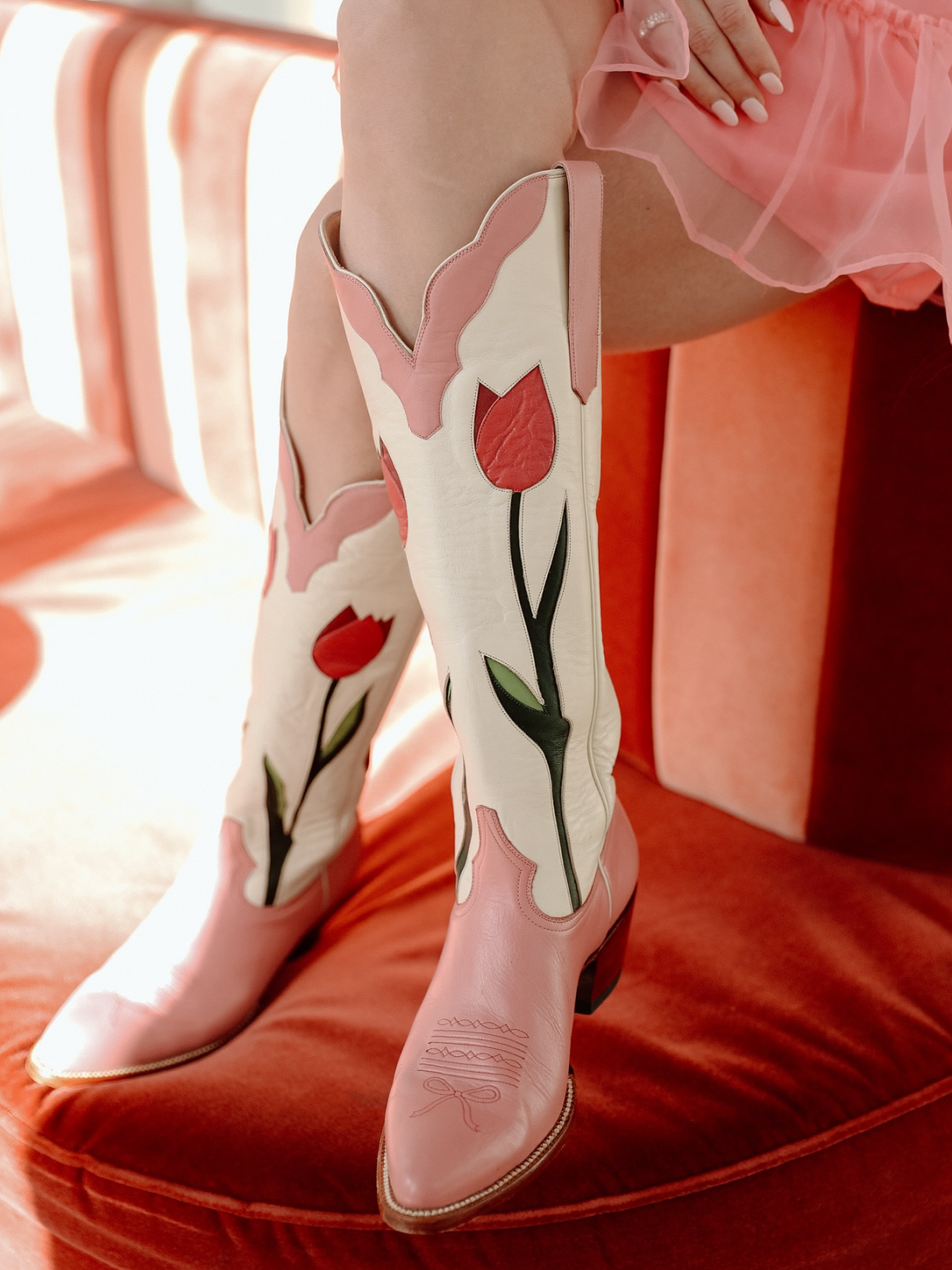 Contrast Pink And Ivory Almond-Toe Tulip Inlay Wide Calf Knee High Cowgirl Boots