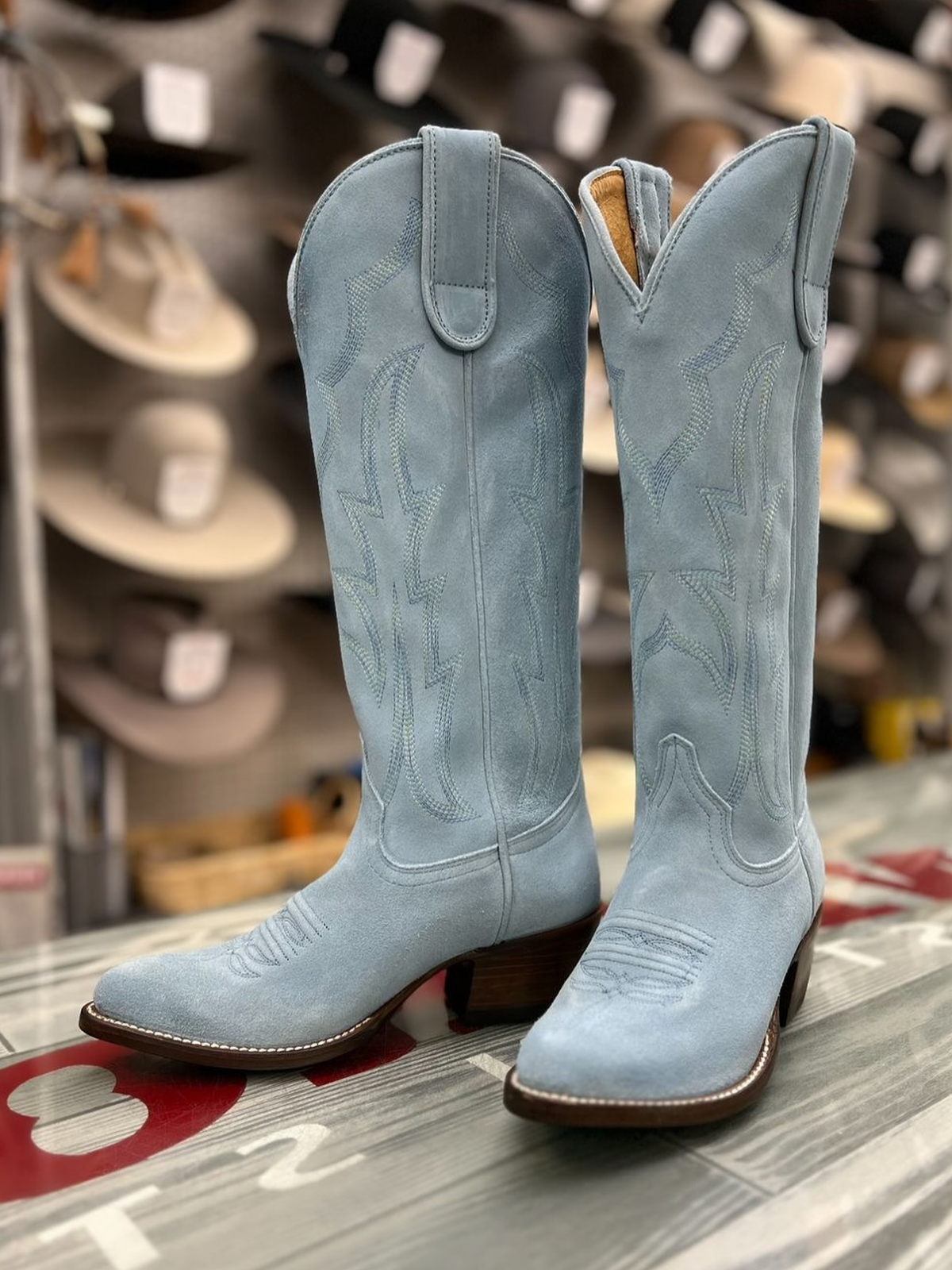 Baby Blue Embroidery Faux Suede Almond-Toe Tall Wide Mid Calf Cowgirl Boots